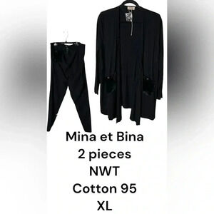 black open cardigan and pants set. Velvet patch pockets, XL.,NWT. Mina et Bina